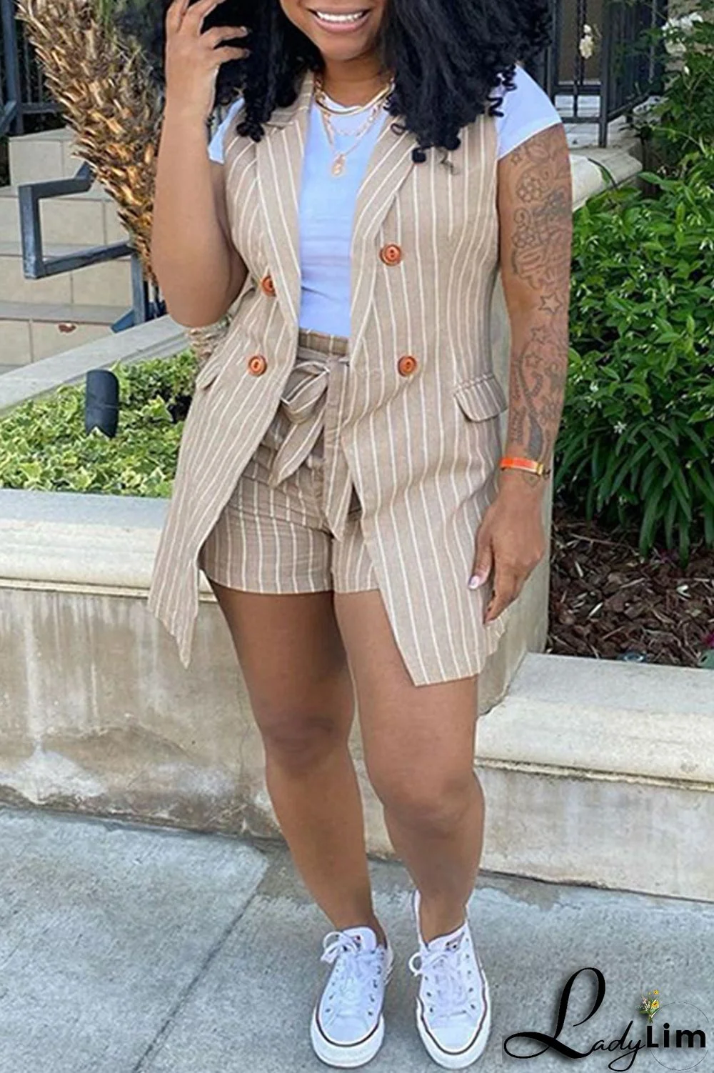 Black Fashion Casual Striped Print Patchwork Cardigan Turndown Collar Plus Size Two Pieces (Without T-shirt)