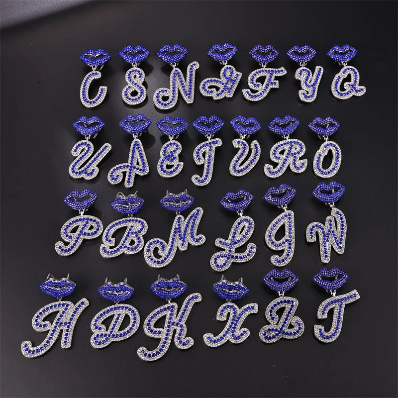 Hye Hot Sale 26 Letters Blue Mouth Pendant Cuban Link Chain Diamond-Embedded Hip Hop Couple Rapper Ornament