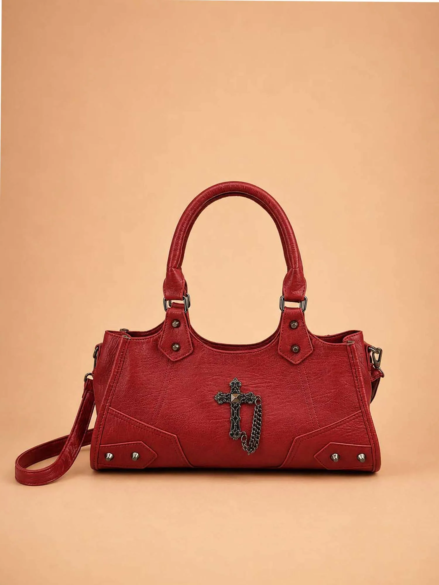 Perfect for a Late-Night Rock Concert &mdash; Vintage Patina Rivet-Harness Detail Premium Leather Top-Handle Bag