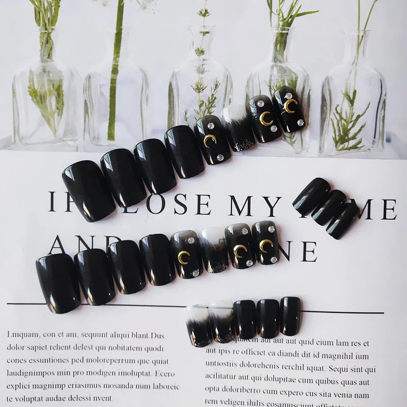 24pcs Long Square Black Fake Nails Star Moon Design Press On False Nails Graffiti Style Korean Manicure Removable Glue Nail Art-Nail Inspo