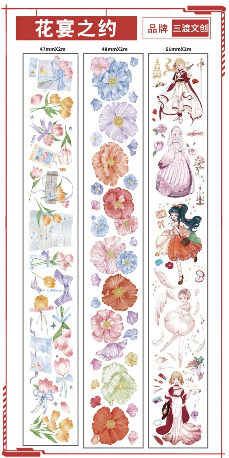 JOURNALSAY 3Pcs/Set Cute Floral Pattern Transparent PET Washi Tape DIY Journal Scrapbooking
