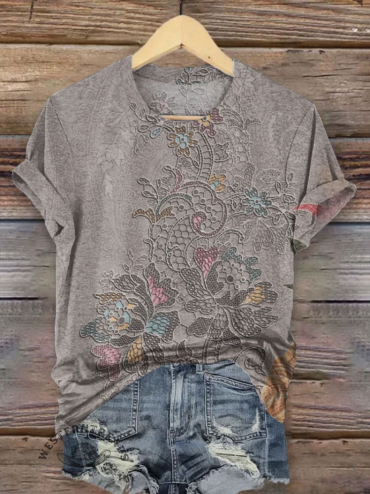 Elegant Craft Print Floral Pattern Neck-Neck T-Shirt