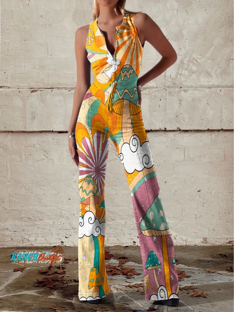 Women’s Vintage Hippie Floral Mushroom Art Print Casual Denim Jumpsuit Multicolor / Xs