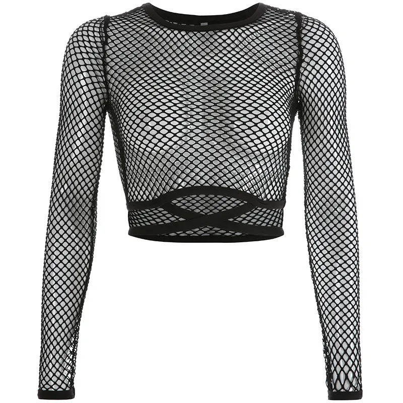 Women's New Mesh Hollow Sexy T-shirt Tops
