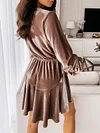 Velvet Solid Color Bandage  Puff Sleeve  Mini Dress