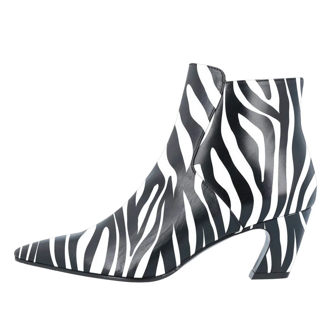 White & Black Chunky Heel Zebra Print Zipper Pointed Toe Boots