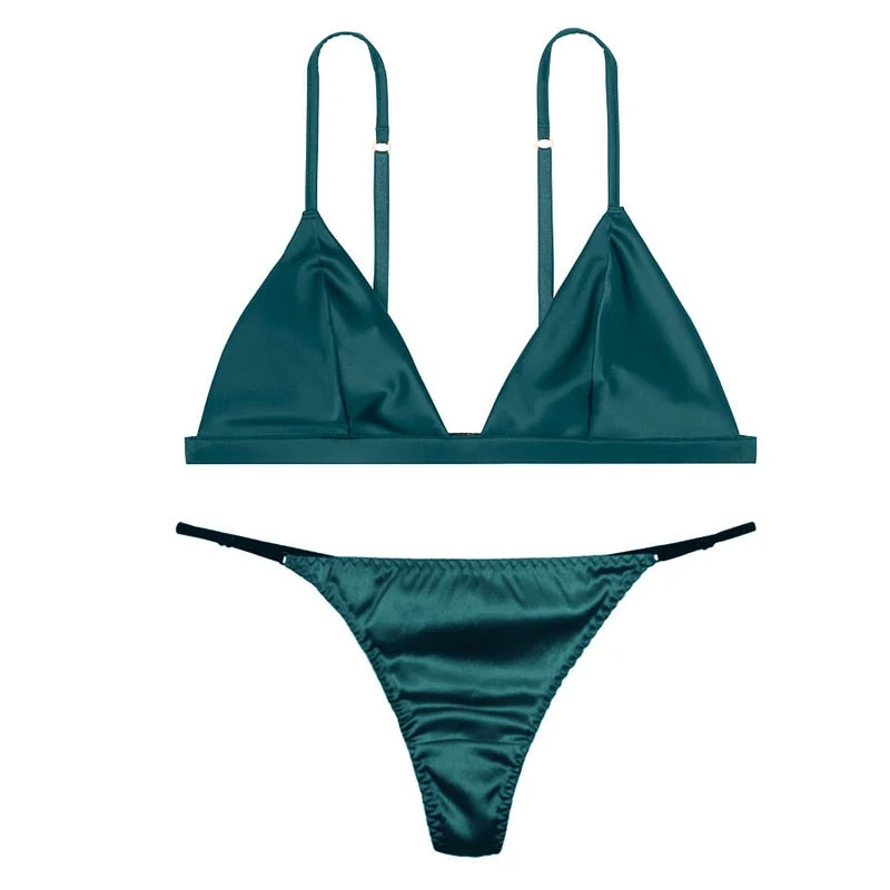 Luxury Silk Lingerie For Ladies Comfort Satin Bralette Wireless Bra Sets Sexy Lace Underwear Women Intimates Green Brief Sets