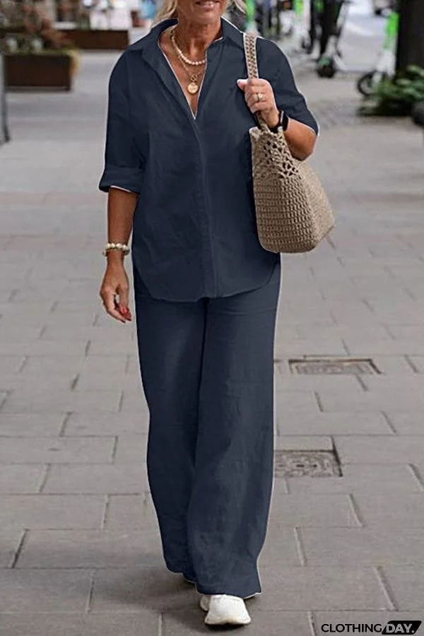 Two Piece Set Lapel Long-Sleeved Shirt Casual Solid Color Wide-Leg Pants Suit