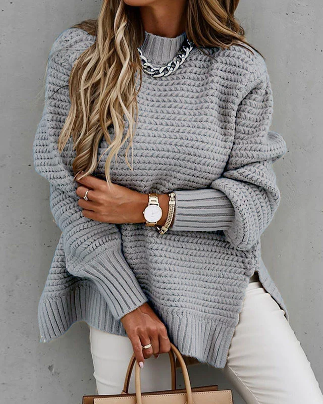 Loose solid color long-sleeved chunky side slit knitted sweater