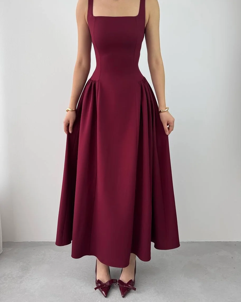 Oknass Spaghetti Straps Square Neck Sleeveless Long Prom Dress With Pleated