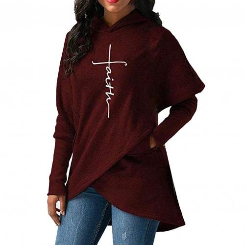 Fall Winter Women Fashion Irregular Hem Hooded Sweatshirt Sweatshirt Cross Embroidery Pullover Sleeve Style Collar Age - Shop Trendy Women's Clothing | LoverChic
