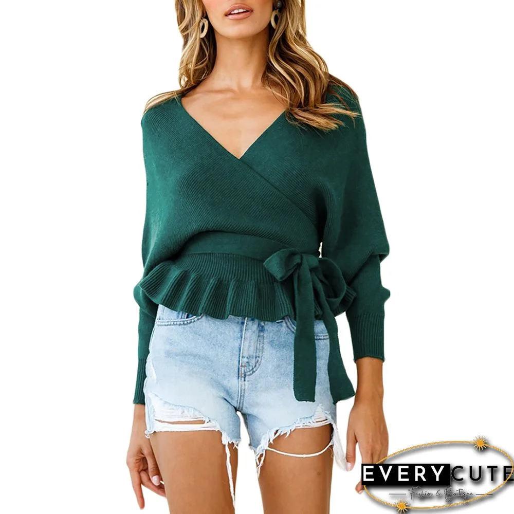 Green V Neck Ruffle Hem Tie Waist Knit Sweater