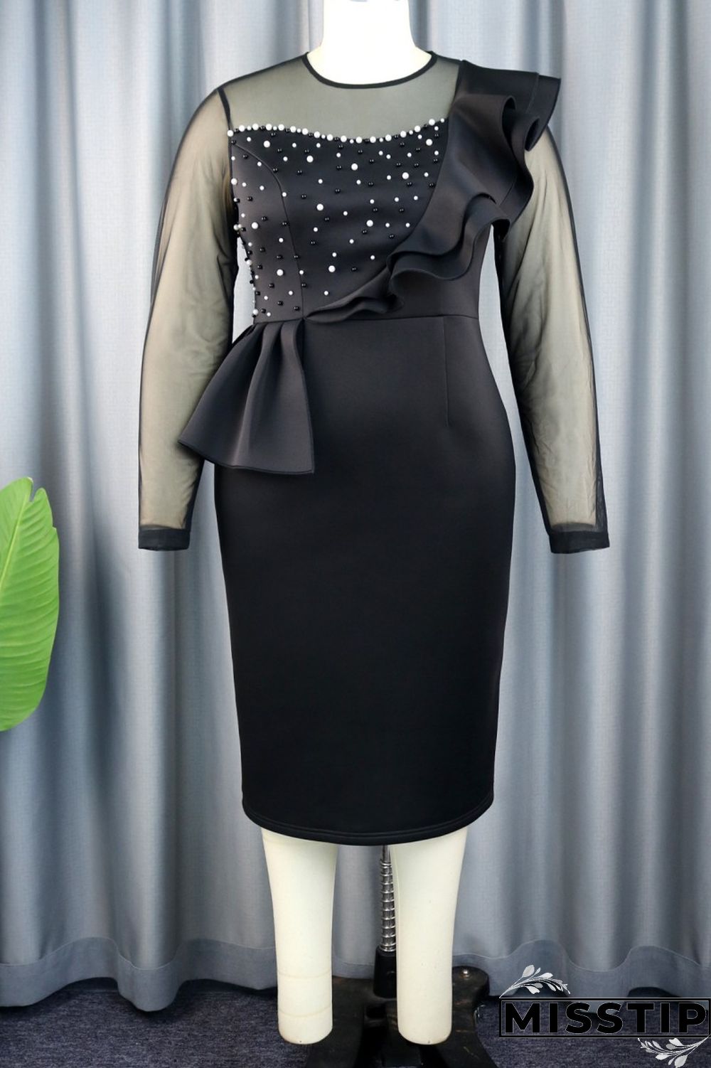 Black Casual Solid Patchwork O Neck Long Sleeve Plus Size Dresses
