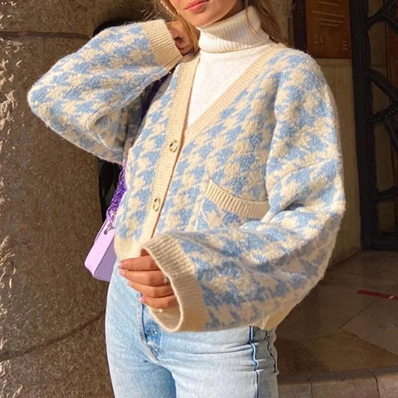 Ladies Autumn Winter Sweater Women Houndstooth Cardigan Casual Warm Jumper Knitted Loose Women Sweaters Female Pull Knitwear 1025-1