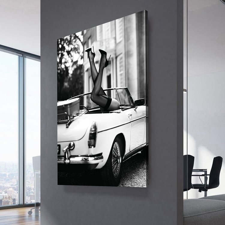 High Heels in Classic Car Poster Canvas Wall Art