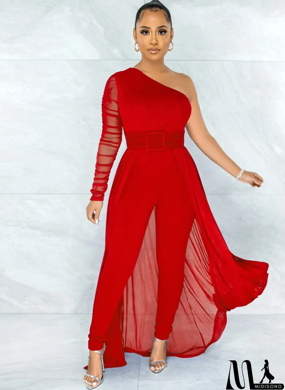 MidiSono - Women Summer Red Romantic Slash Neck Full Sleeves Solid Mesh Ripped Full Length Regular Jumpsuit