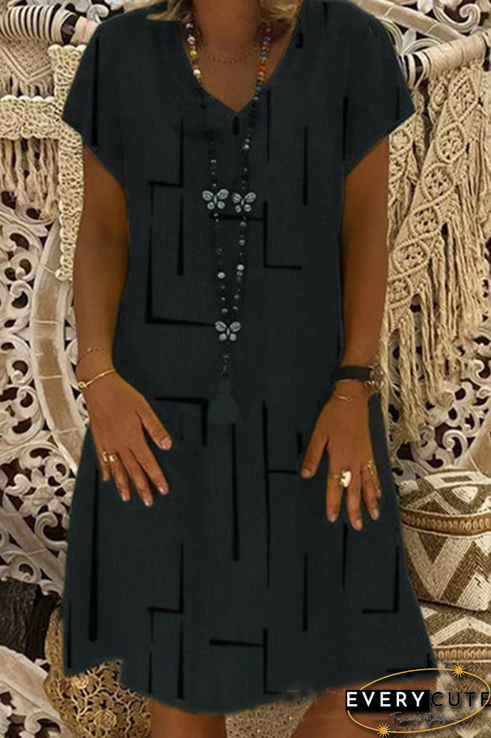 Casual Print Patchwork V Neck Straight Dresses(8 Colors)