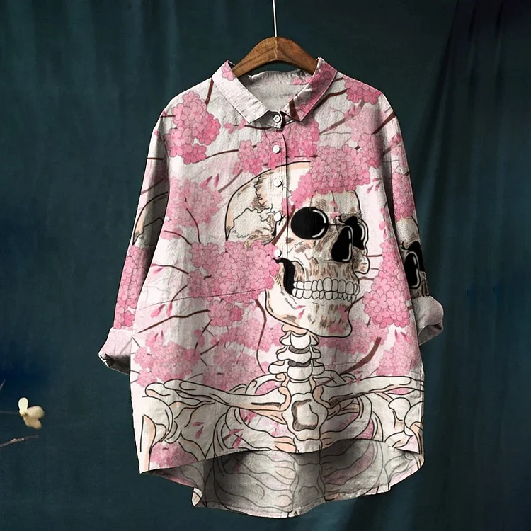 Women's Flowers And Skull Print Casual Linen Shirt