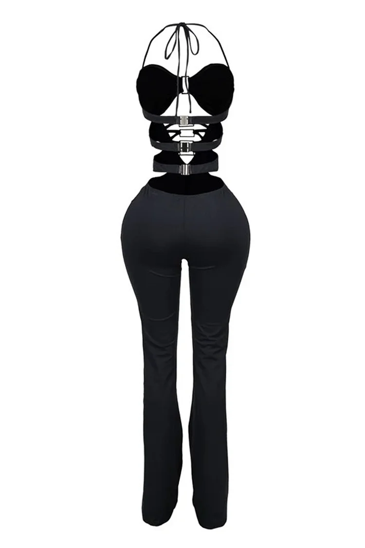 Cross Halter Lace-Up Cutout Party Straight Leg Jumpsuit-Black [Pre Order]