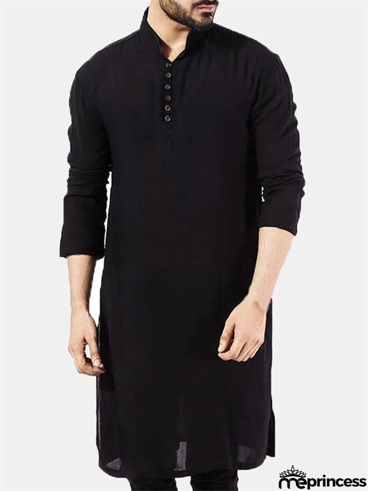 Men's Indian Traditional Kurta Solid Color Cotton Long Shirts Ethnic Outfits