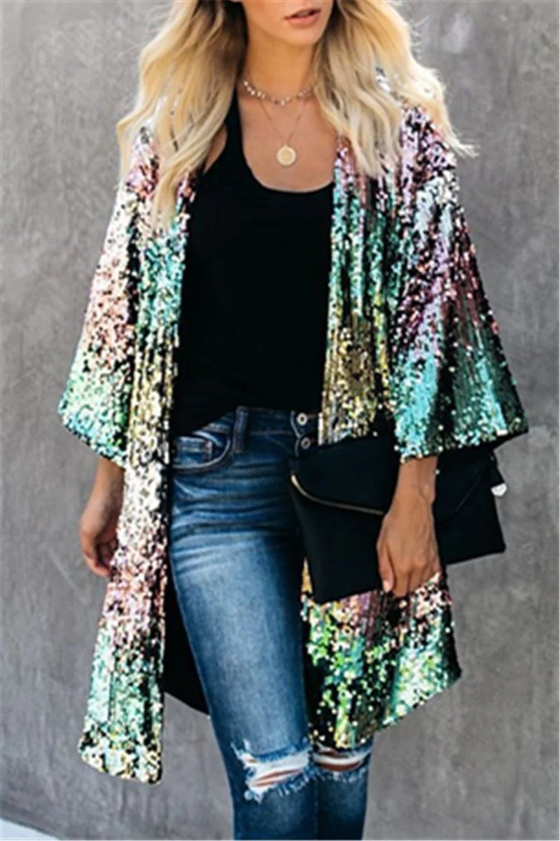 Casual Flare Sleeve Multicolor Coat