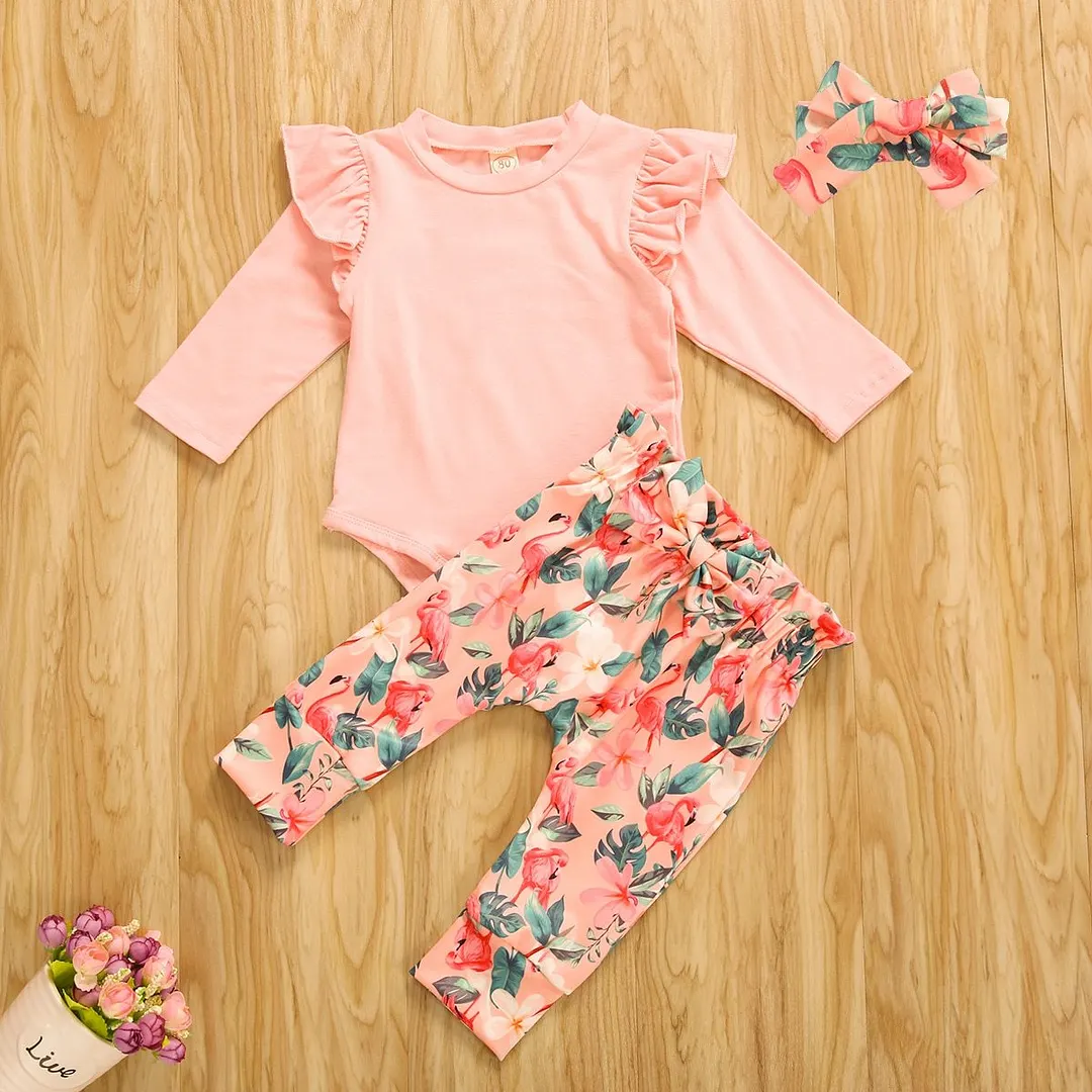 Infant Baby Girl 3Pcs Outfit Plain Ruffled Long Sleeve Romper Flamingo Print Legging Pant Casual Spring Autumn Clothing Set