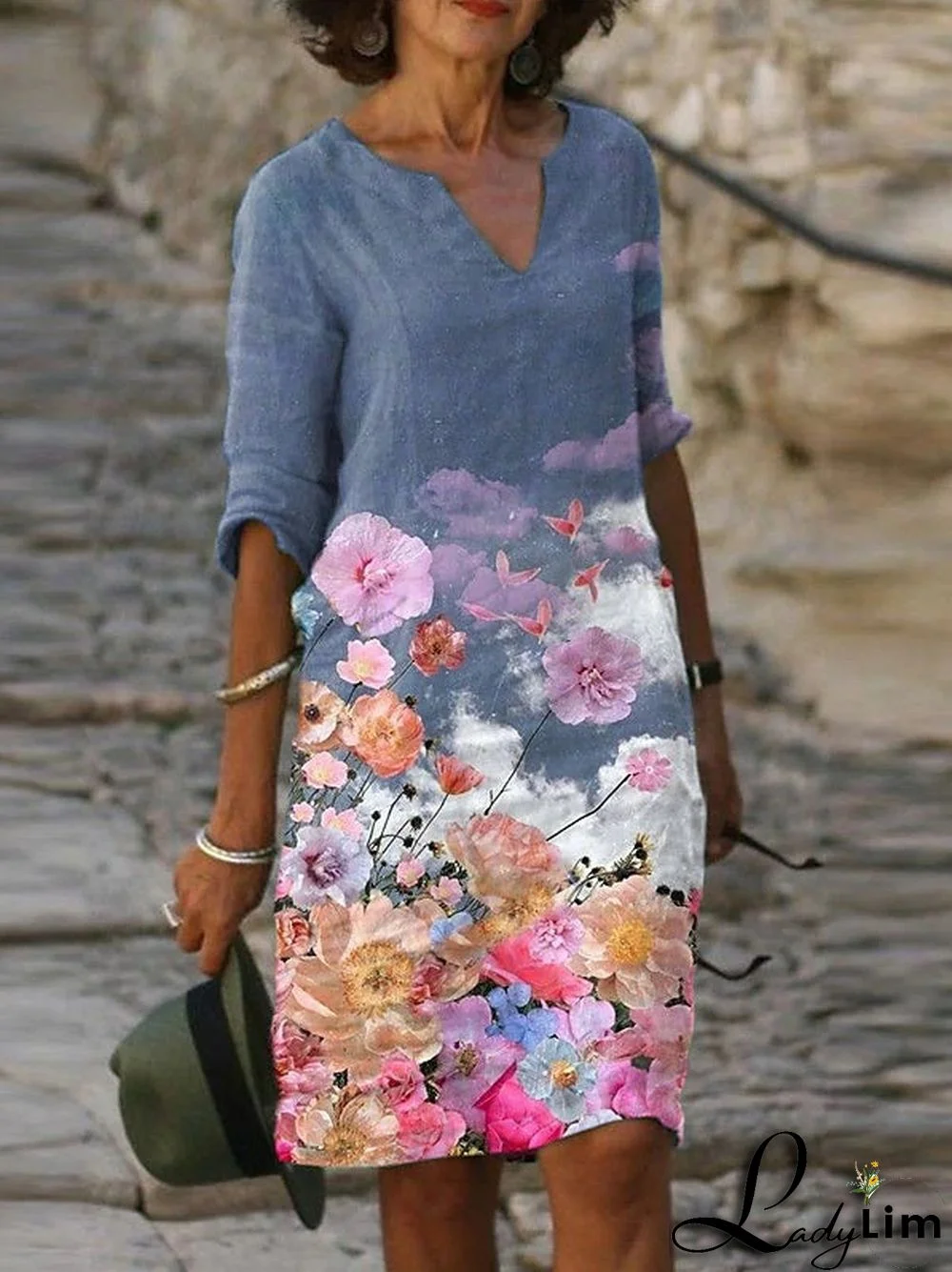 Women's Half Sleeve V-neck Floral Print Casual Dress