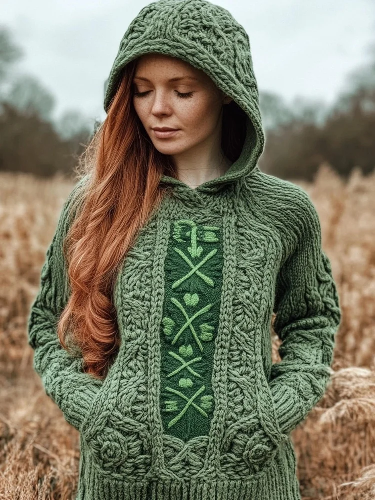 Irish Celtic Jacquard Cozy Chunky Hooded Sweater