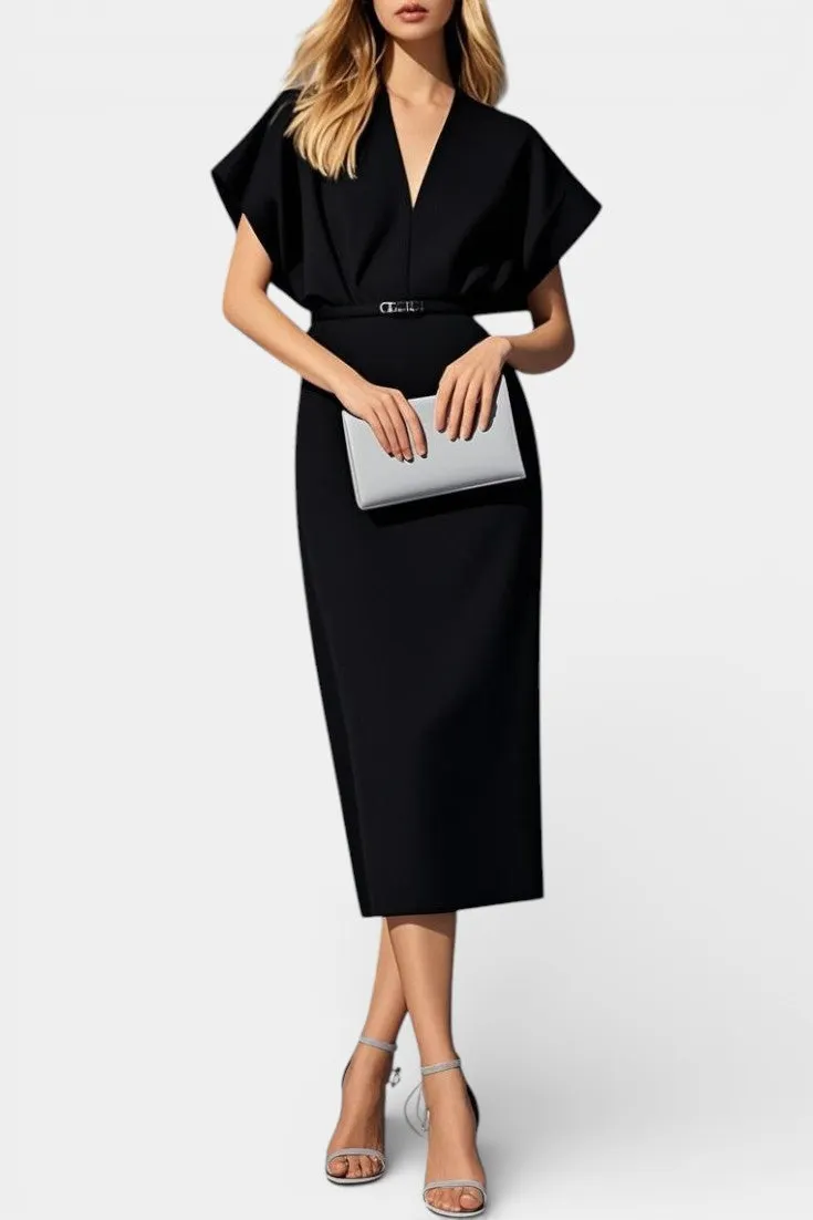 V-Neck Cape Sleeve Midi Sheath Dress