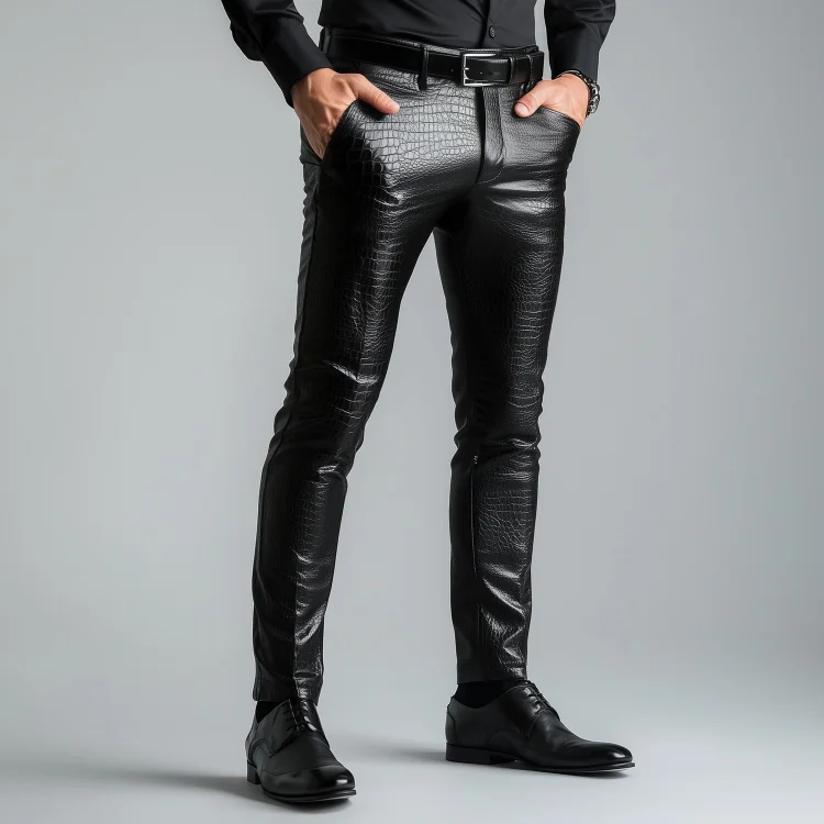 Okaywear PU Leather Alligator Pattern Straight Leg Pants Okaywear
