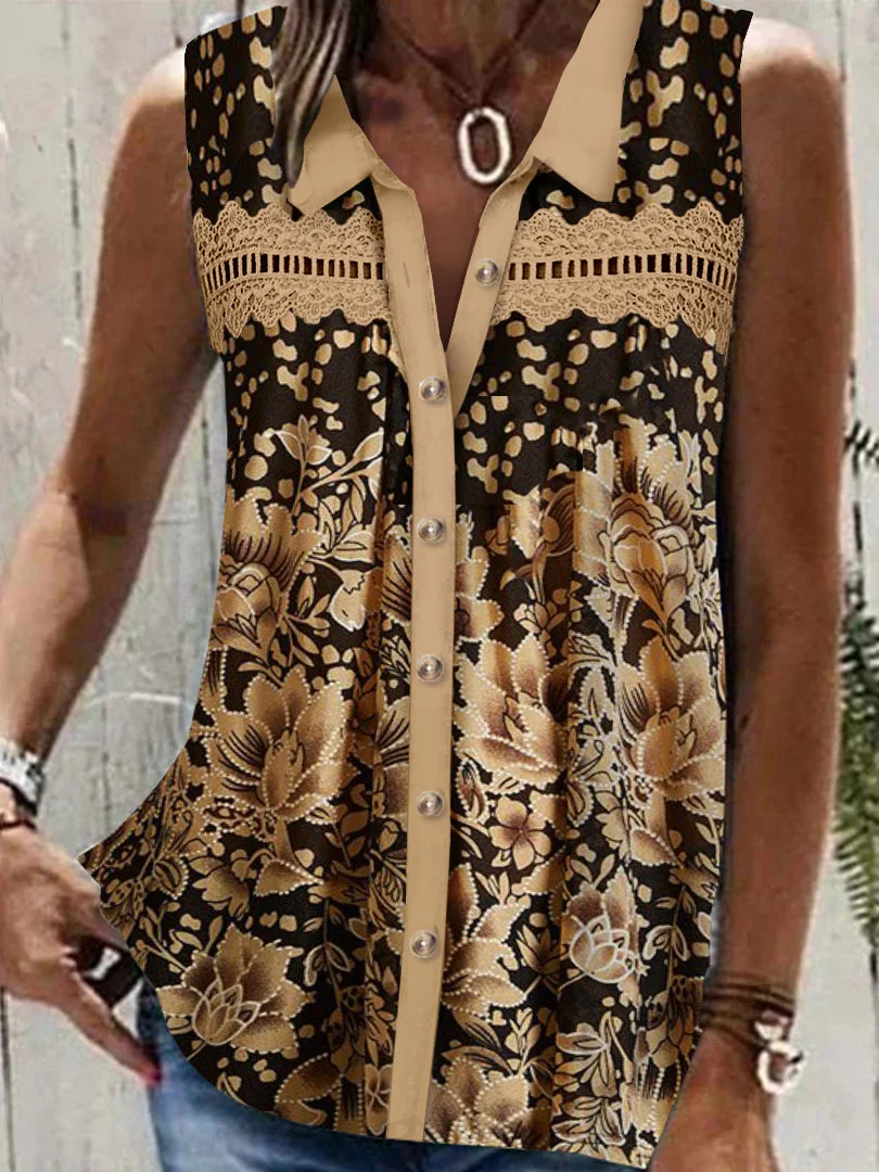 Women's Sleeveless V-neck Lace Stitching Graphic Floral Printed Top