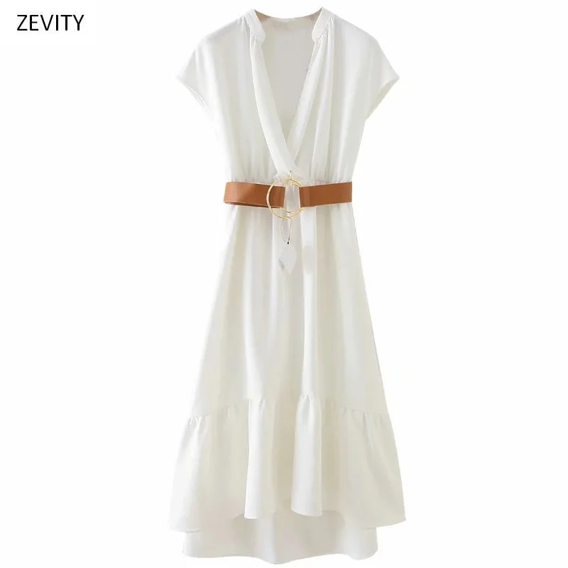 Zevity New women v neck solid short sleeve vestido elastic waist sashes midi dress chic female hem ruffles casual dresses DS3964