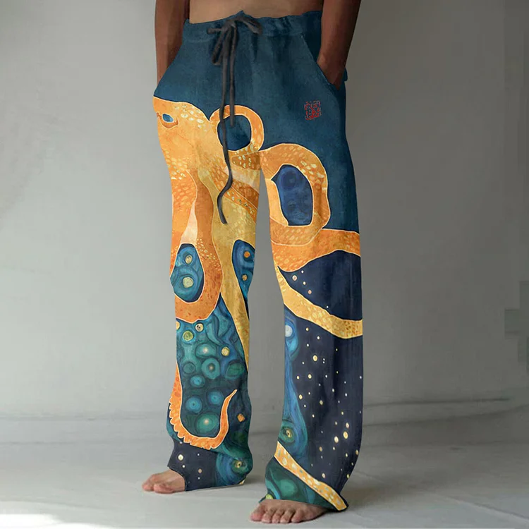 Vintage Japanese Art Octopus Graphic Drawstring Linen Blend Pants