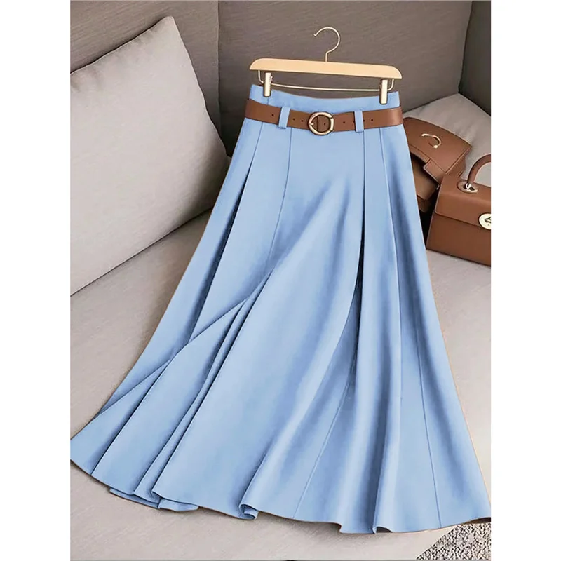 Athvotar Athvotar Women's Spring And Autumn Solid Color Casual Bvy Skirt With Belt