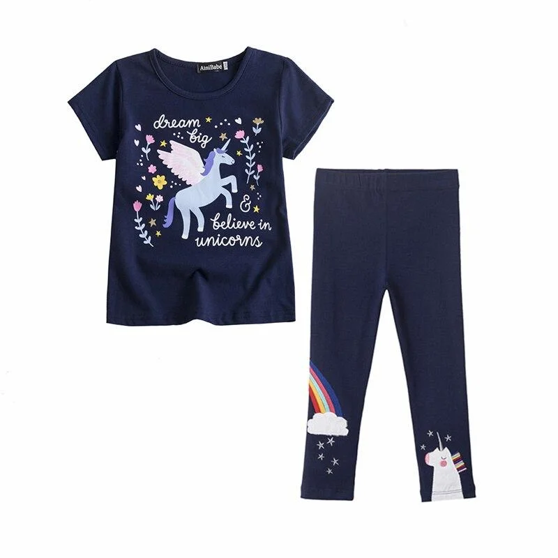 Unicorn Kids Girls Clothes Sets 2PCS Short Sleeve T-Shirt + Long Pants Rainbow Print Elastic Leggings Boys Girls Summer Clothes