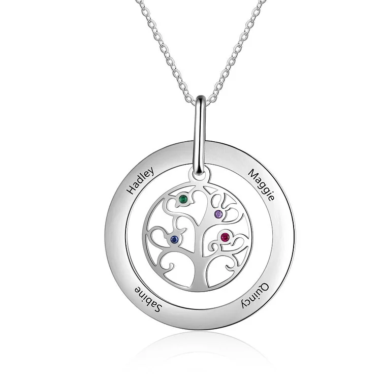 Family Tree Necklace Engraved 4 Names Tree of Life Family Gifts For Mother