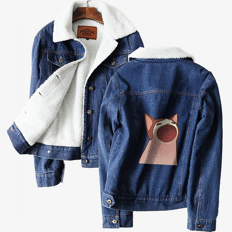 Pop Cat With Open Mouth, Cat Classic Lined Denim Jacket