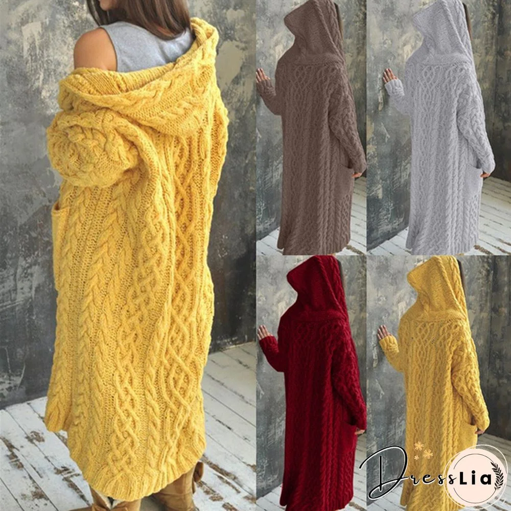 HOT Autumn/Winter Fashion Womens Coat Knit Hooded Sweater Loose Mid-length Casual Streetwear Knitted Cardigan Jackets for Women Outwear vestidos mujer Plus Size casacos de inverno feminino