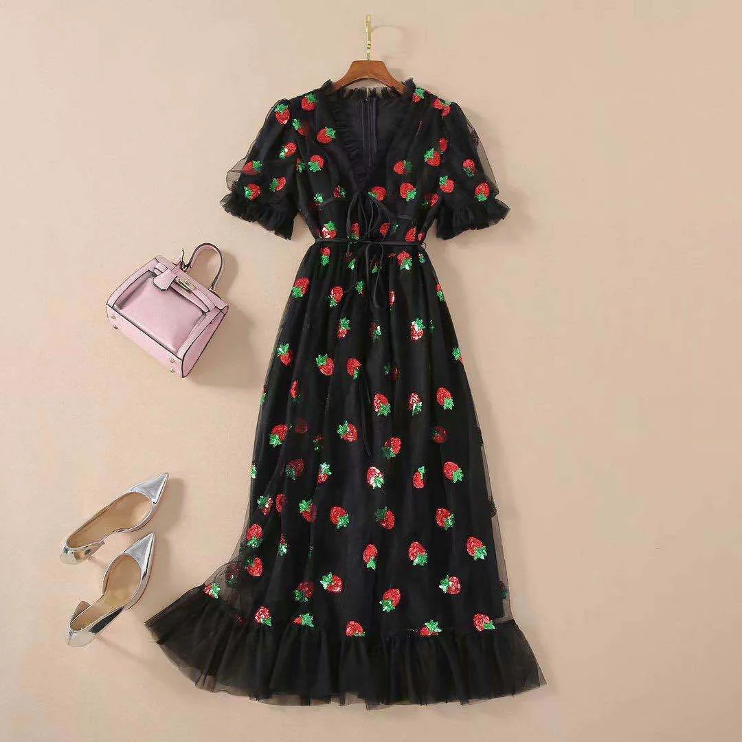 Mongw Mongw Dress French Strawberry Two-Color Sequin Dress Net Yarn Folded Dress Summer