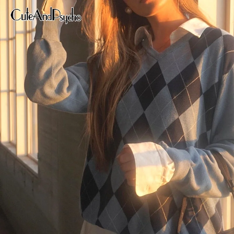Autumn Vintage Argyle y2k Sweaters Women Oversized Harajuku Aesthetic Pullovers Streetwear Jumper Korean Knitwear Cuteandpsycho