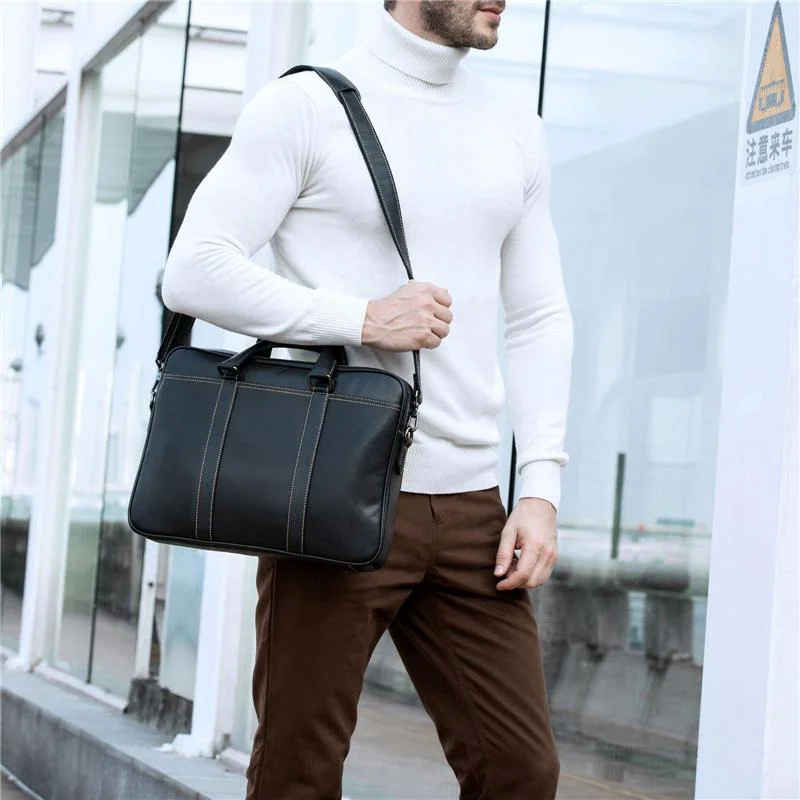 Fine Stitching Dual Top Handle Detachable Sling Strap Zip Top Genuine Leather Briefcase