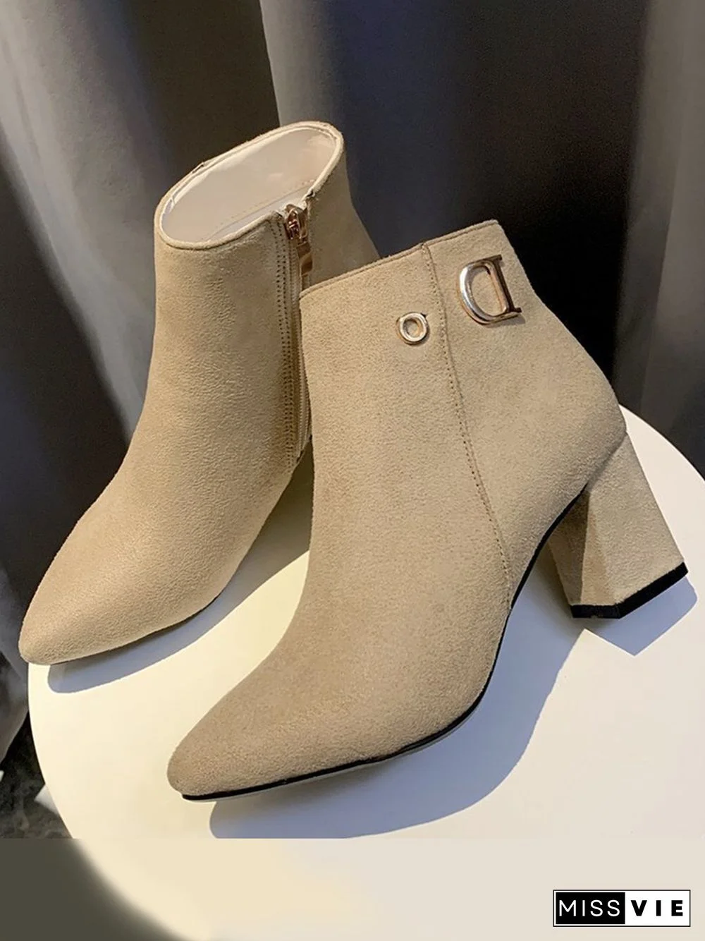 Side Zip Faux Suede Pointed Toe Chunky Heel Booties