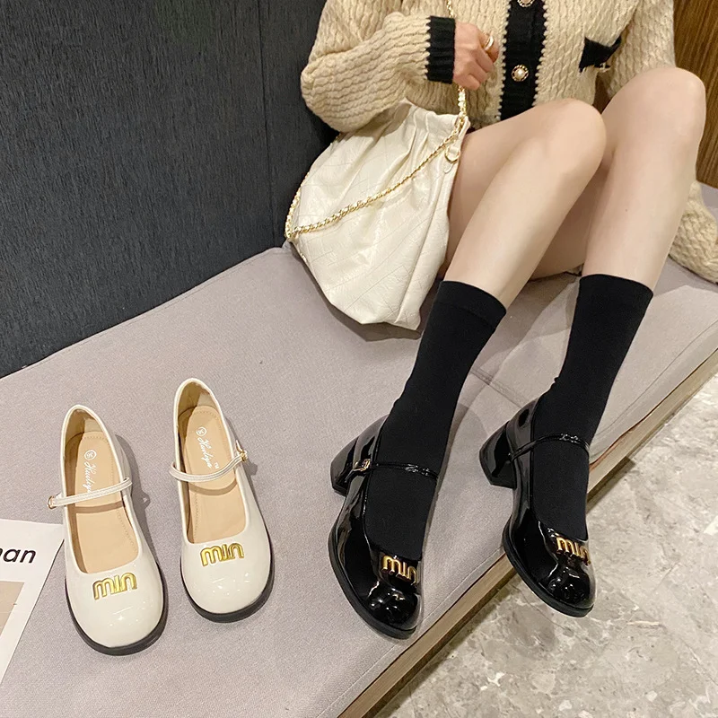 Churchf Churchf Jane Shoes Round Head Shallow Mouth High Heels Retro Casual Small Leather Shoes Thick Heel Single Shoes Women