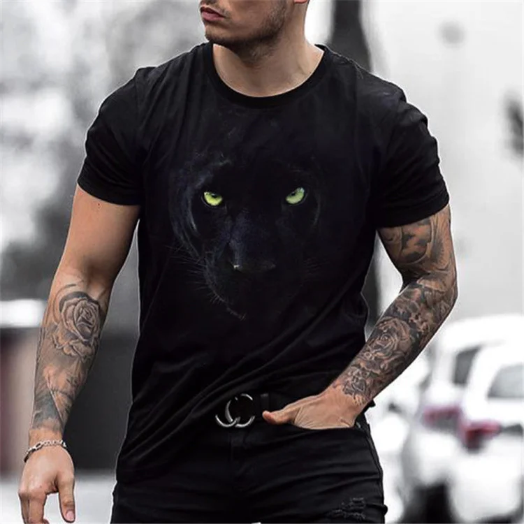 BrosWear Loose Crew Neck Black Panther Digital 3D Print Short Sleeve T-Shirt
