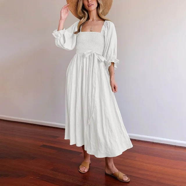 Fashion Solid Color Casual Elegant Design Elastic Band Vintage Sleeve Maxi Dress