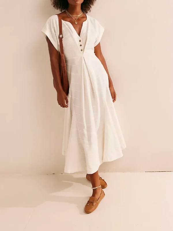 V-Neck Button-Down Waist In Expansion Midi Dress