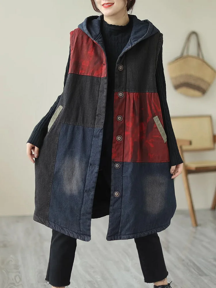 Women Winter Casual  Colorblock Hooded Mid Length Waist Coat