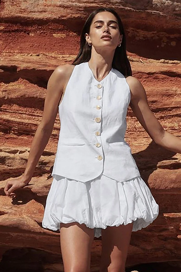 V Neck Button Up Vest Solid Color Bubbled Mini Skirt 2pcs Set-White