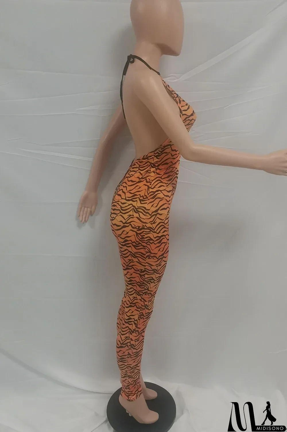 MidiSono - Gold Sexy Print Split Joint Halter Skinny Jumpsuits