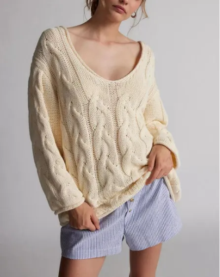 Women Deep V Neck Cable Knit Sweater